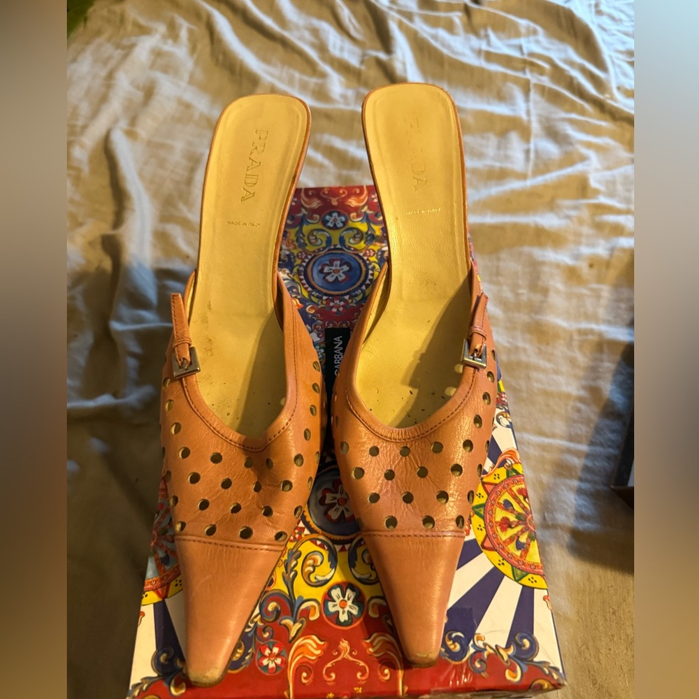 Prada Tan Leather Mules with Perforated Design